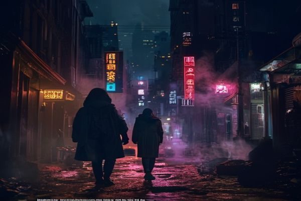 《暗夜法典》第三季剧照，主角在霓虹灯光的都市街头独行，悬疑氛围浓厚，画面深色调