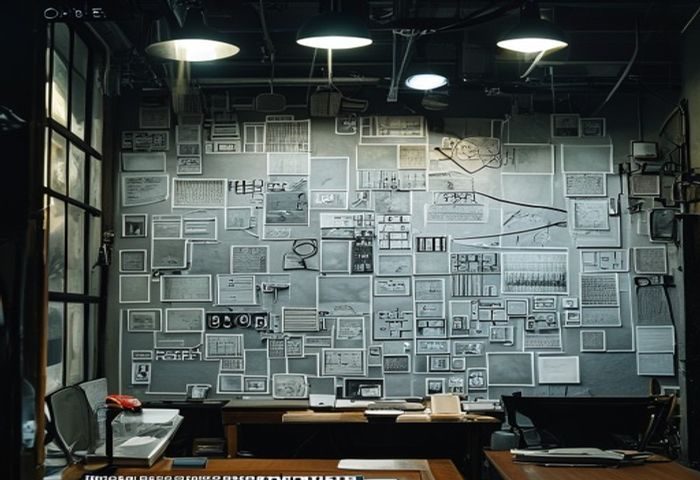 《暗夜法典》第三季深度剧评配图，编剧室白板上密密麻麻的剧情线索图，创作过程展示