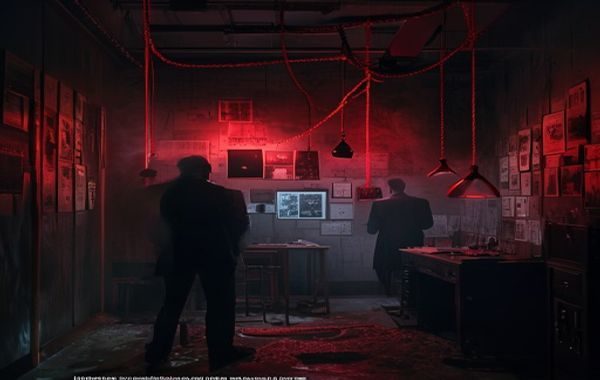 悬疑犯罪美剧场景，侦探在昏暗审讯室内翻阅案件档案，红绳连接照片墙，气氛紧张压抑
