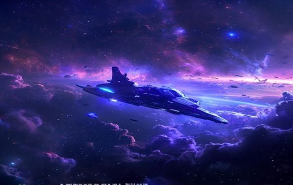 科幻美剧宇宙场景，宇宙飞船穿越星云，蓝紫色星际背景，未来感十足震撼视觉